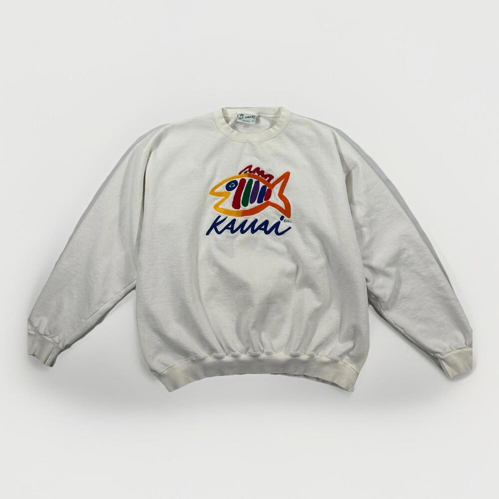 Vintage 90s Hawaii Fish Spellout Multicolor Pullover Sweatshirt Size L USA Made